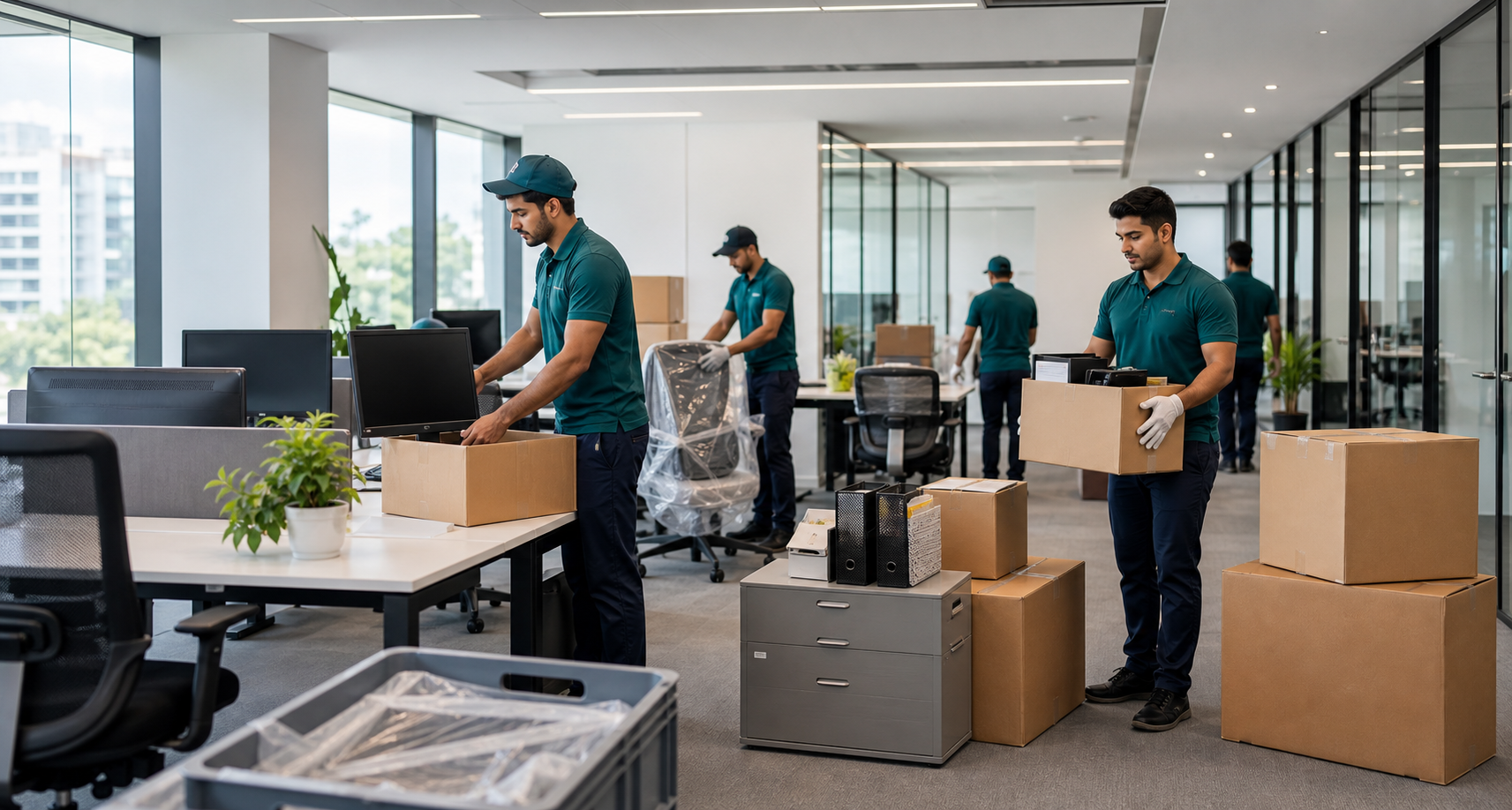 Professional office relocation team packing computers and office goods